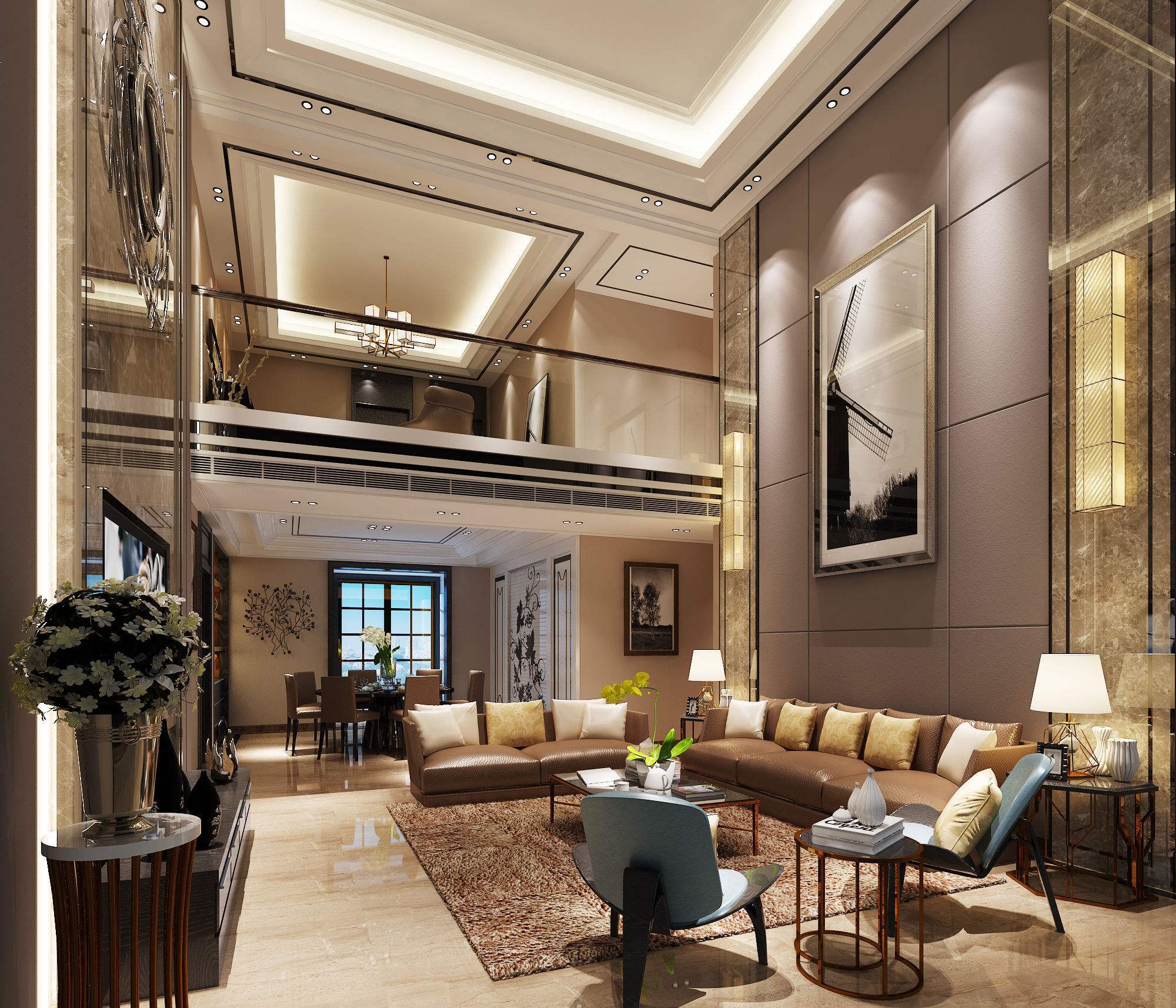 500平别墅现代时尚风格挑高客厅背景墙装修效果图