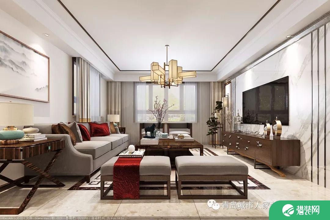 青岛午山社区雅致新中式风格三居室装修案例图