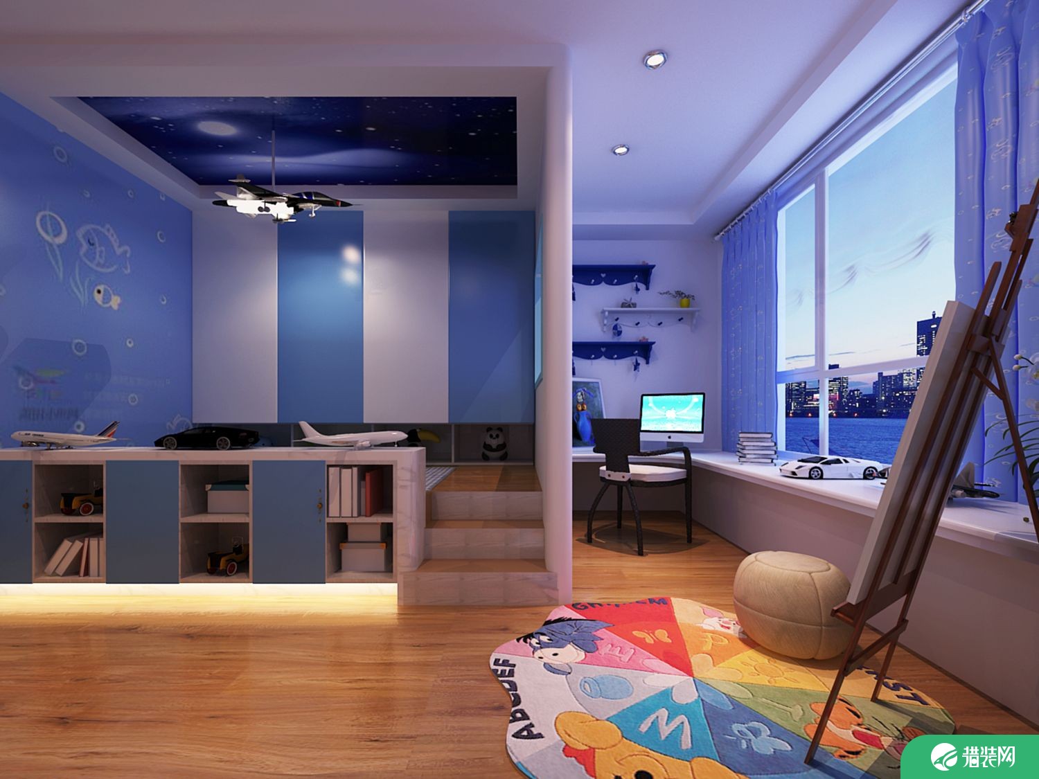 青岛天意华苑现代美式风三居室装修，用淡蓝色打造清新感