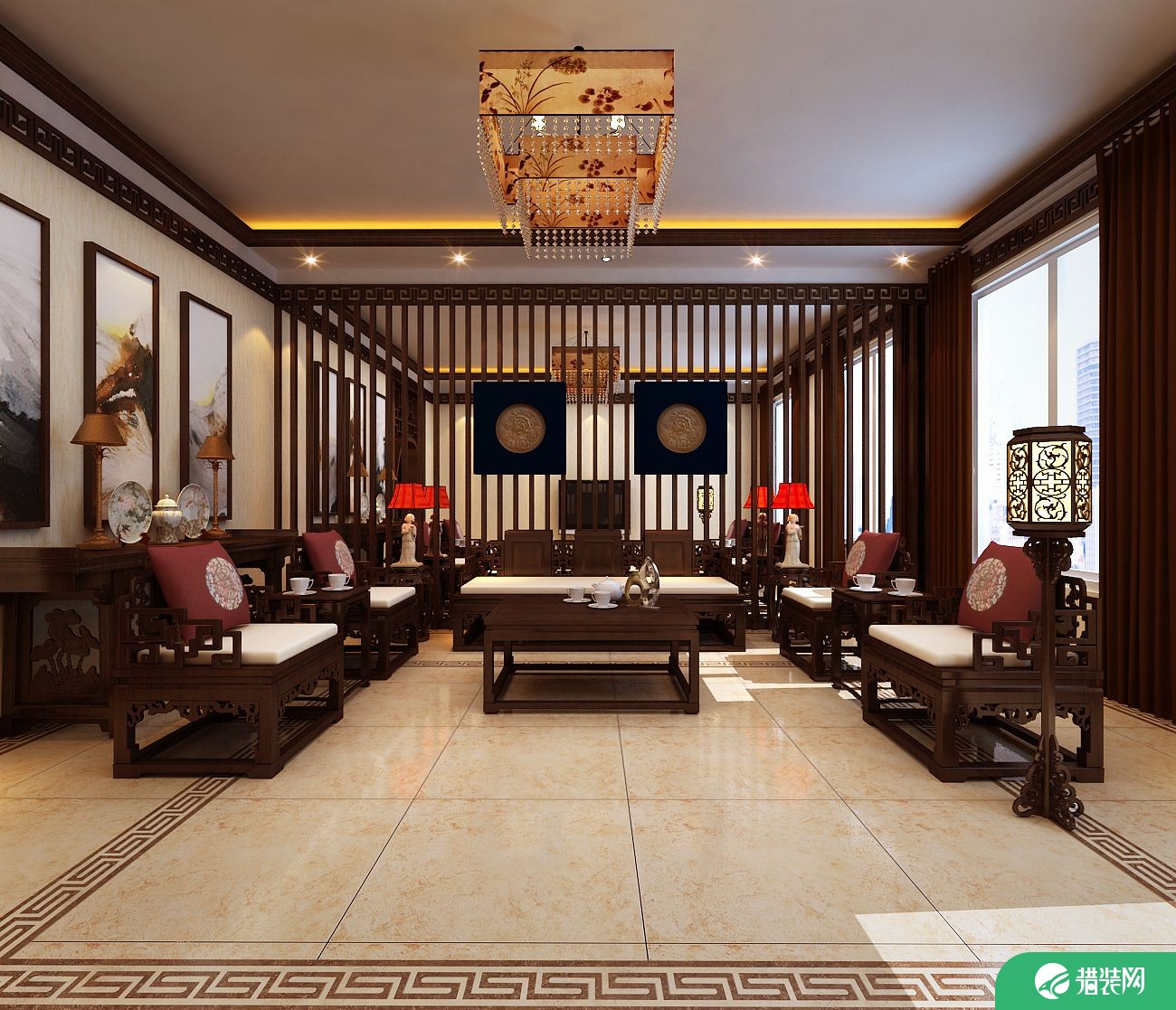 天津海逸长洲6期 中式风格四居室装修效果图