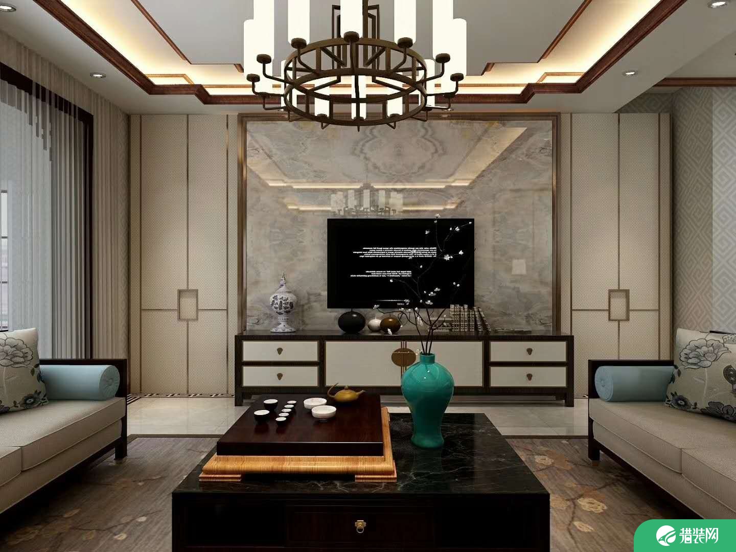 龙华园中式风格三居室装修效果图