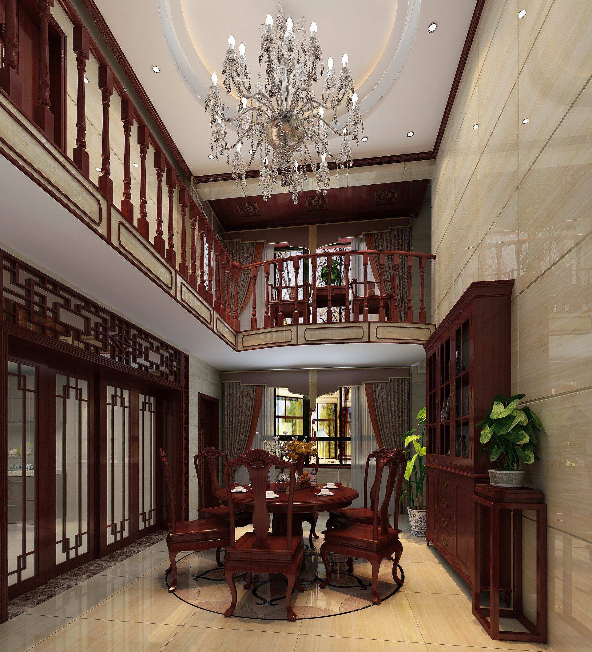 140平米现代中式风格别墅客厅圆形吊顶装修效果图