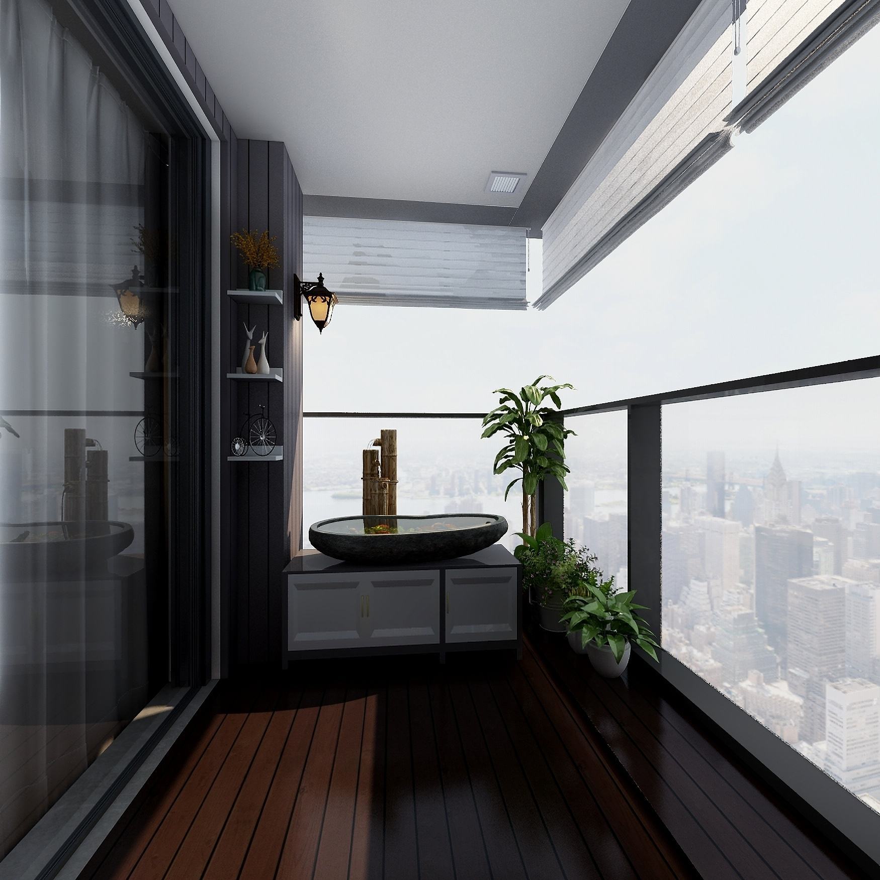 120平三居室现代风格阳台休闲吊顶装修效果图