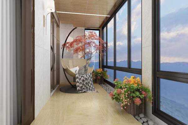 120平三居室现代中式阳台吊顶装修效果图