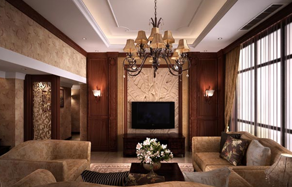 温暖厚重的美式客厅吊顶电视背景墙装修效果图鉴赏