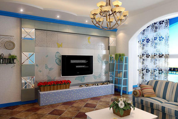 90平米地中海风格客厅电视背景墙设计效果图