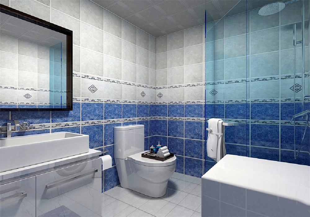 蓝色墙砖卫生间装修效果图,简欧风格蓝色卫生间装修效果图
