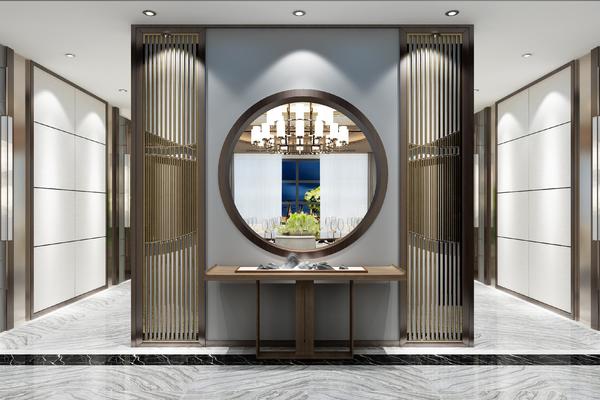 180平新中式风格大户型木雕玄关柜效果图