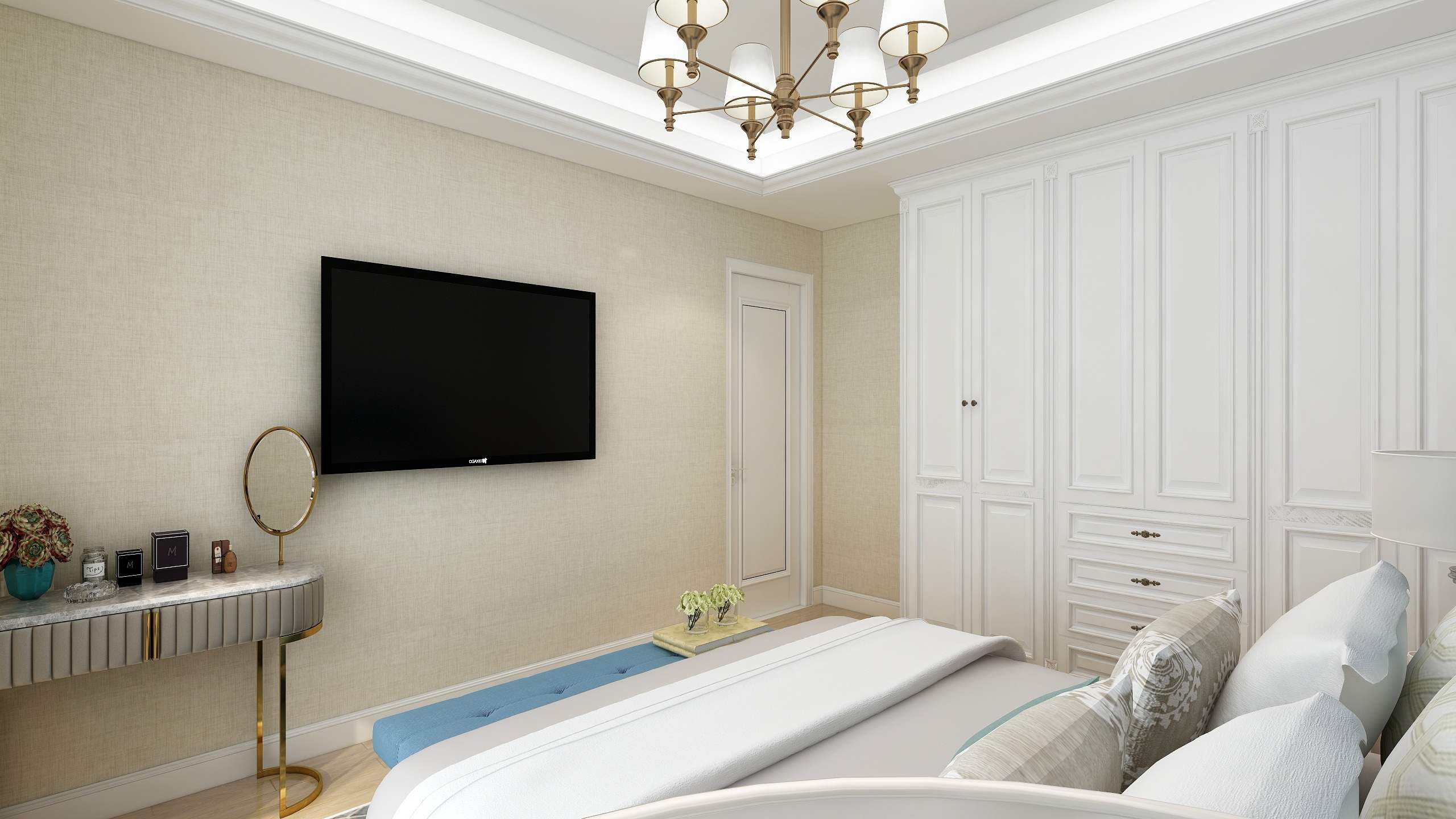 120平三居室简约美式风格卧室墙布电视墙装修效果图