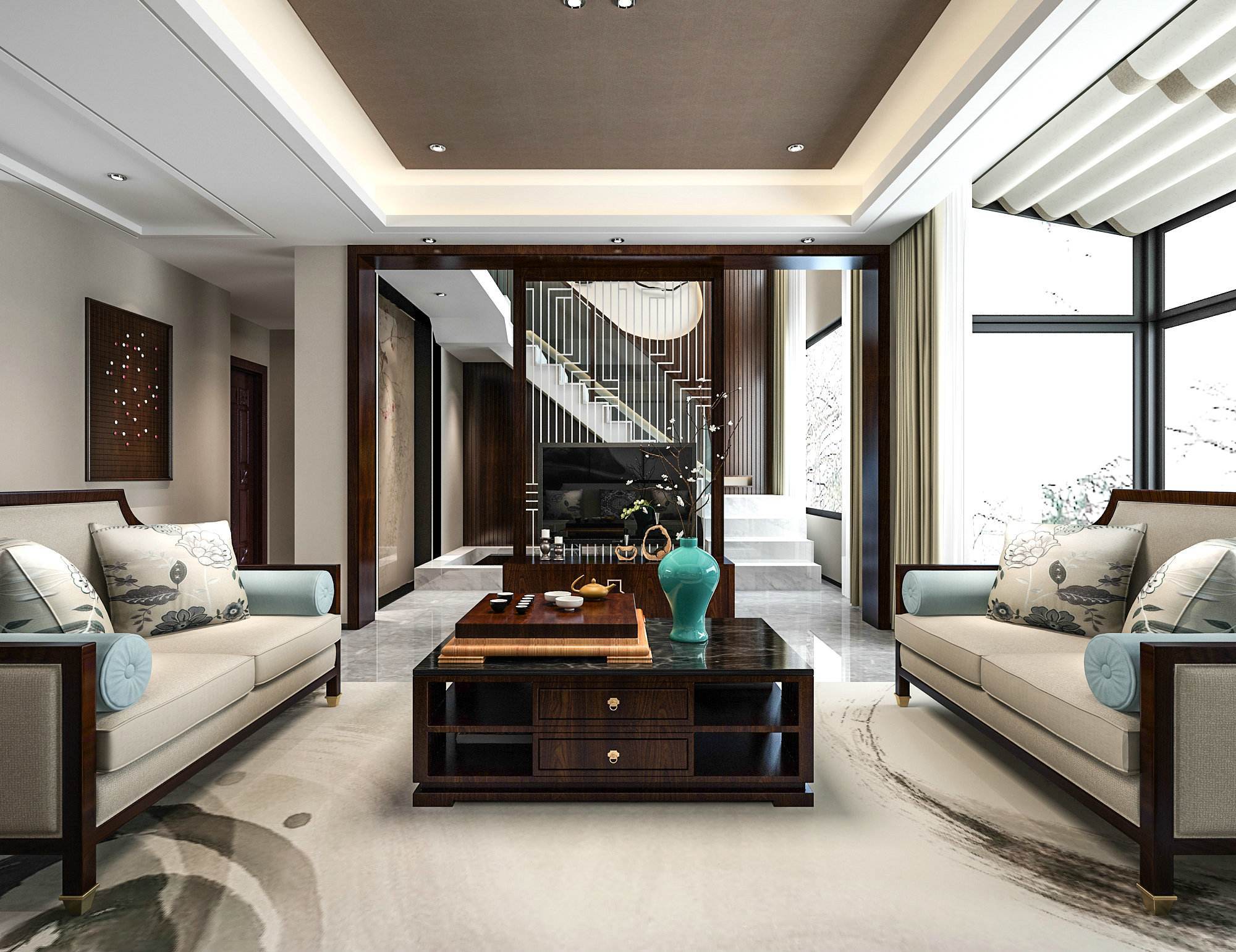 200平米高档别墅客厅现代中式风格装修效果图