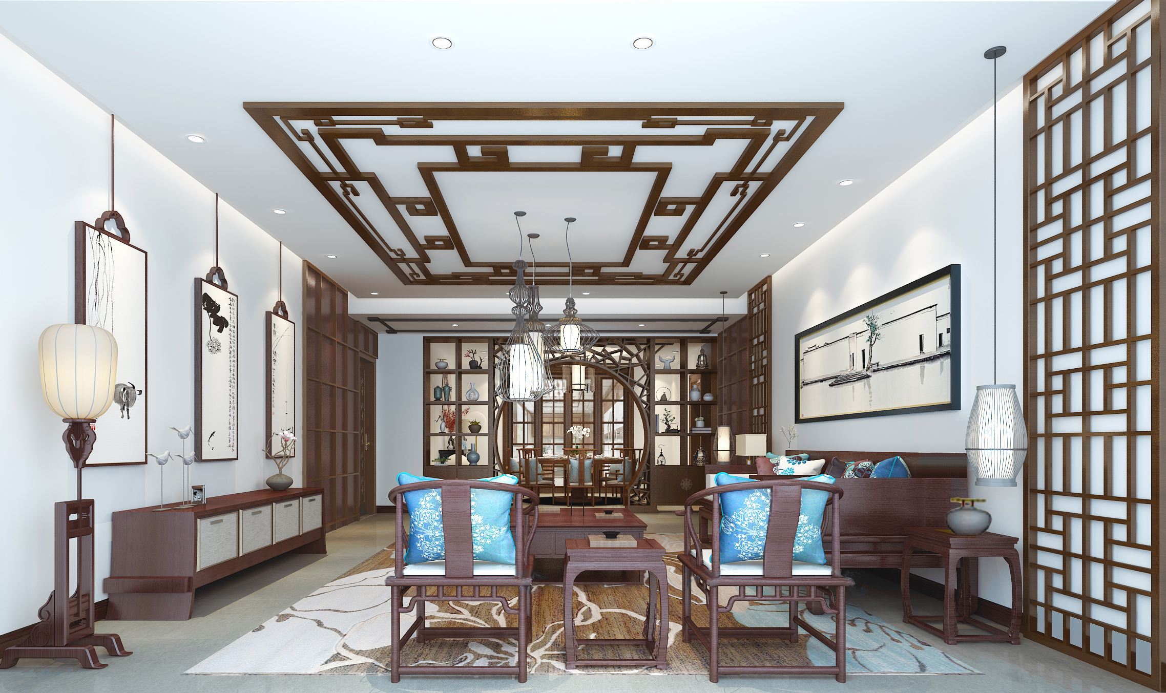 170平米小别墅客厅卧室复古中式风格装修效果图