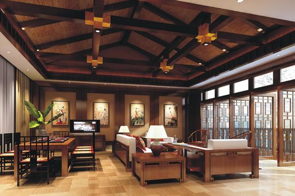 90平新中式古典别墅客厅装修效果图