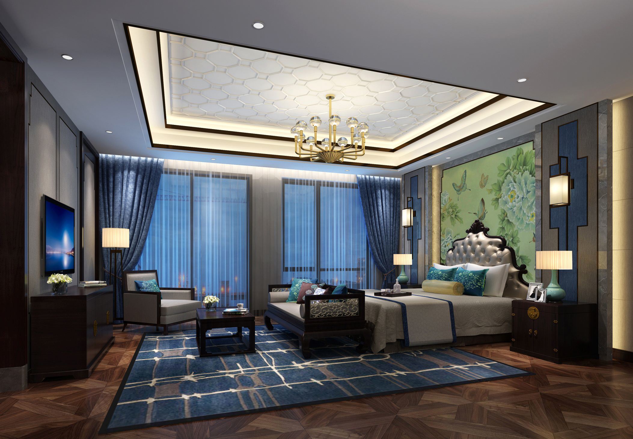 360平新中式别墅样板间卧室装修效果图