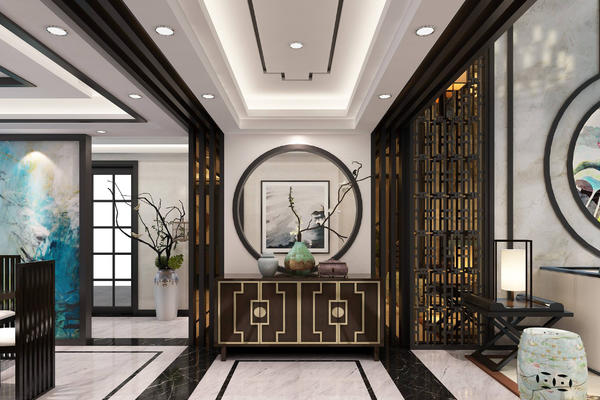 135平大户型中式古典风格圆形玄关柜设计效果图