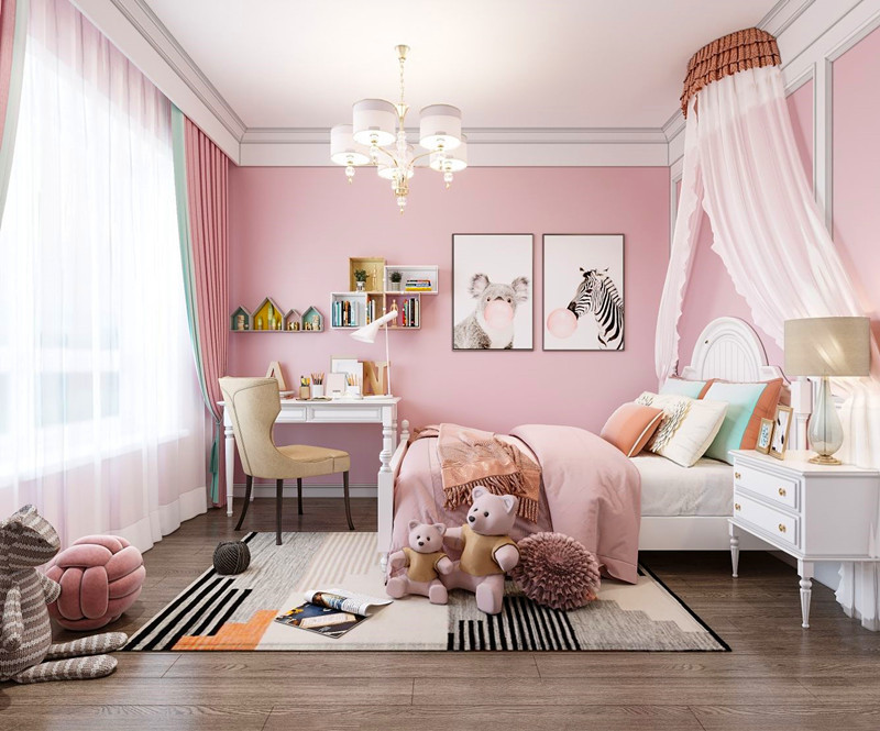 120平米简欧风格儿童房粉色背景墙效果图