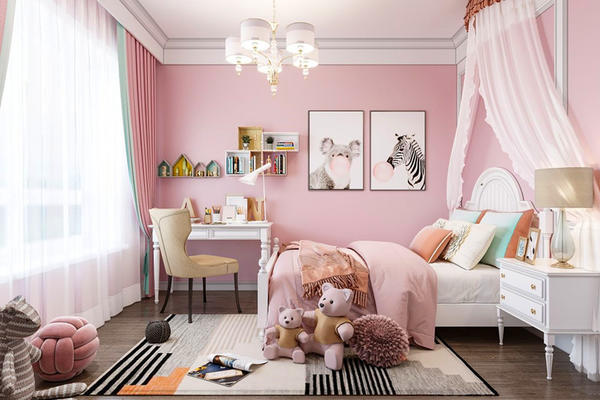 120平米簡歐風格兒童房粉色背景墻效果圖