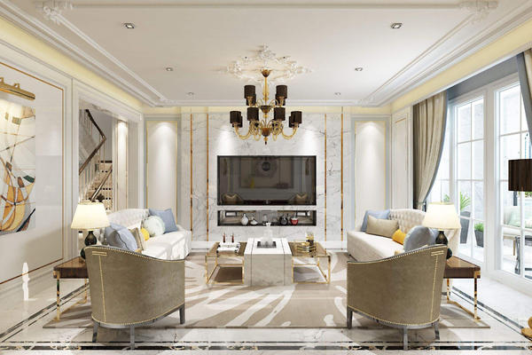 145平三居室美式时尚风格客厅石材电视墙装修效果图