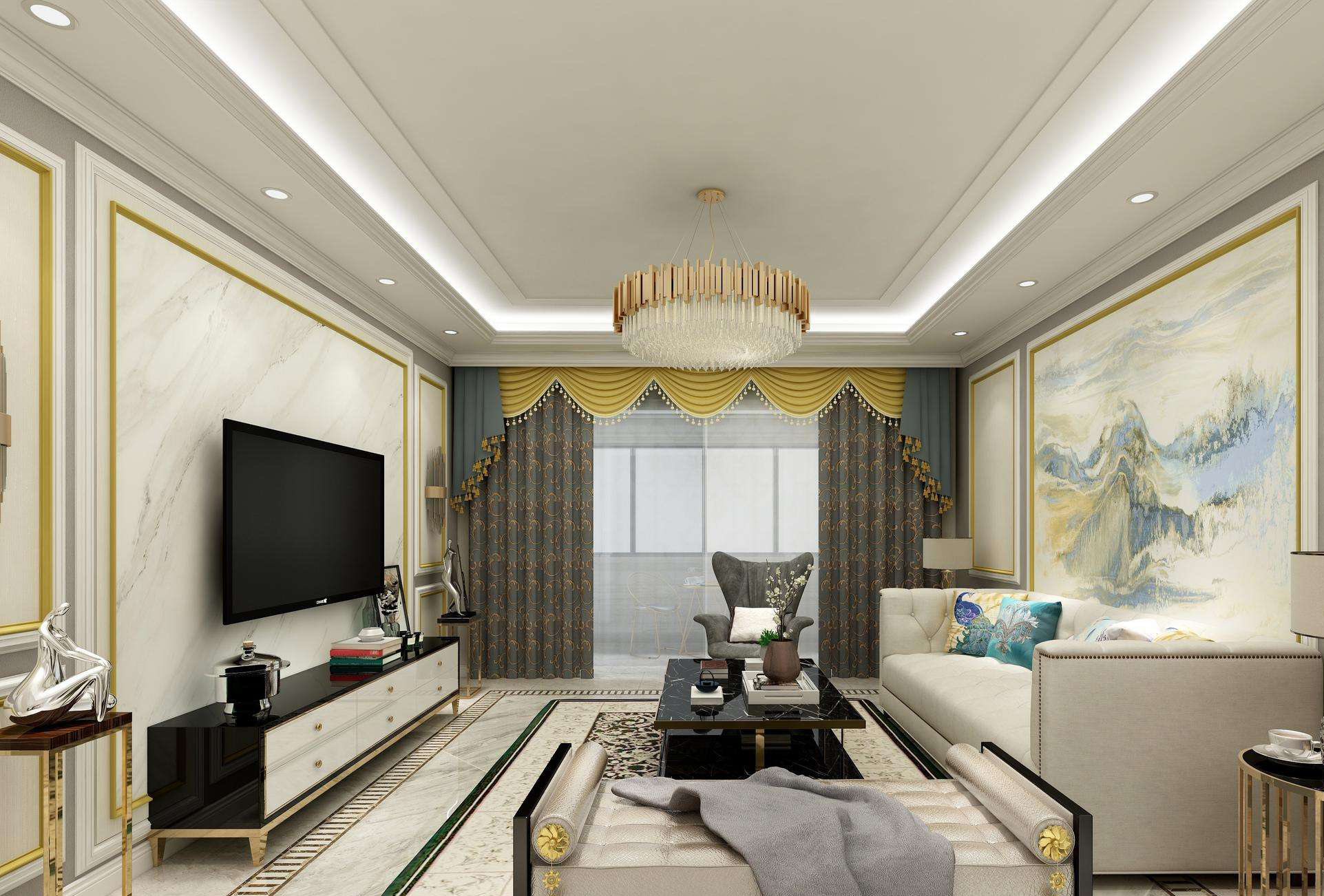 南京日光家园40平米现代简约客厅石膏线条边吊顶灯池电视柜板式设计 – 设计本装修效果图