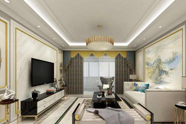 110平三居室美式轻奢风格客厅石膏板电视墙装修效果图