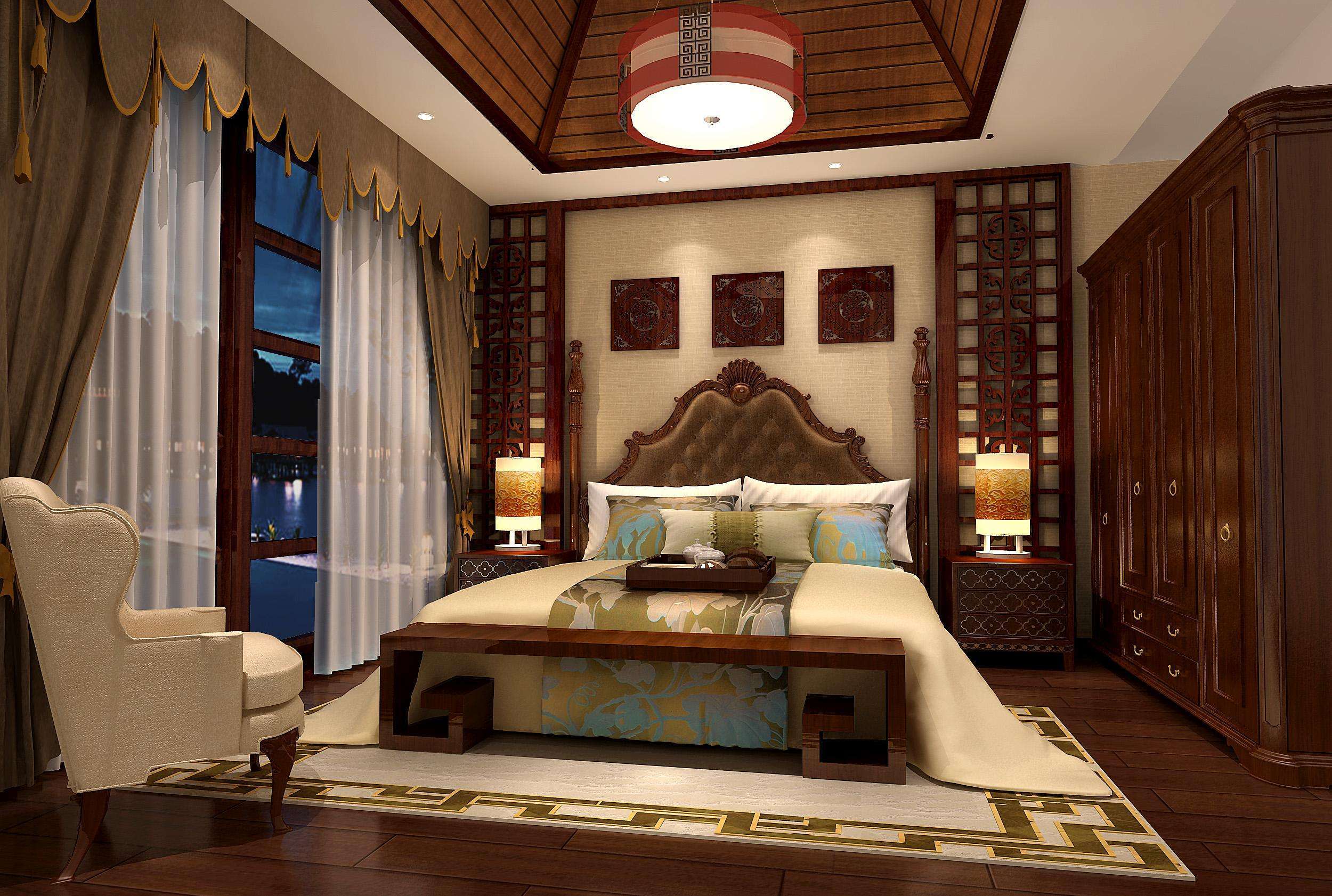 48平新中式古典别墅卧室装修效果图