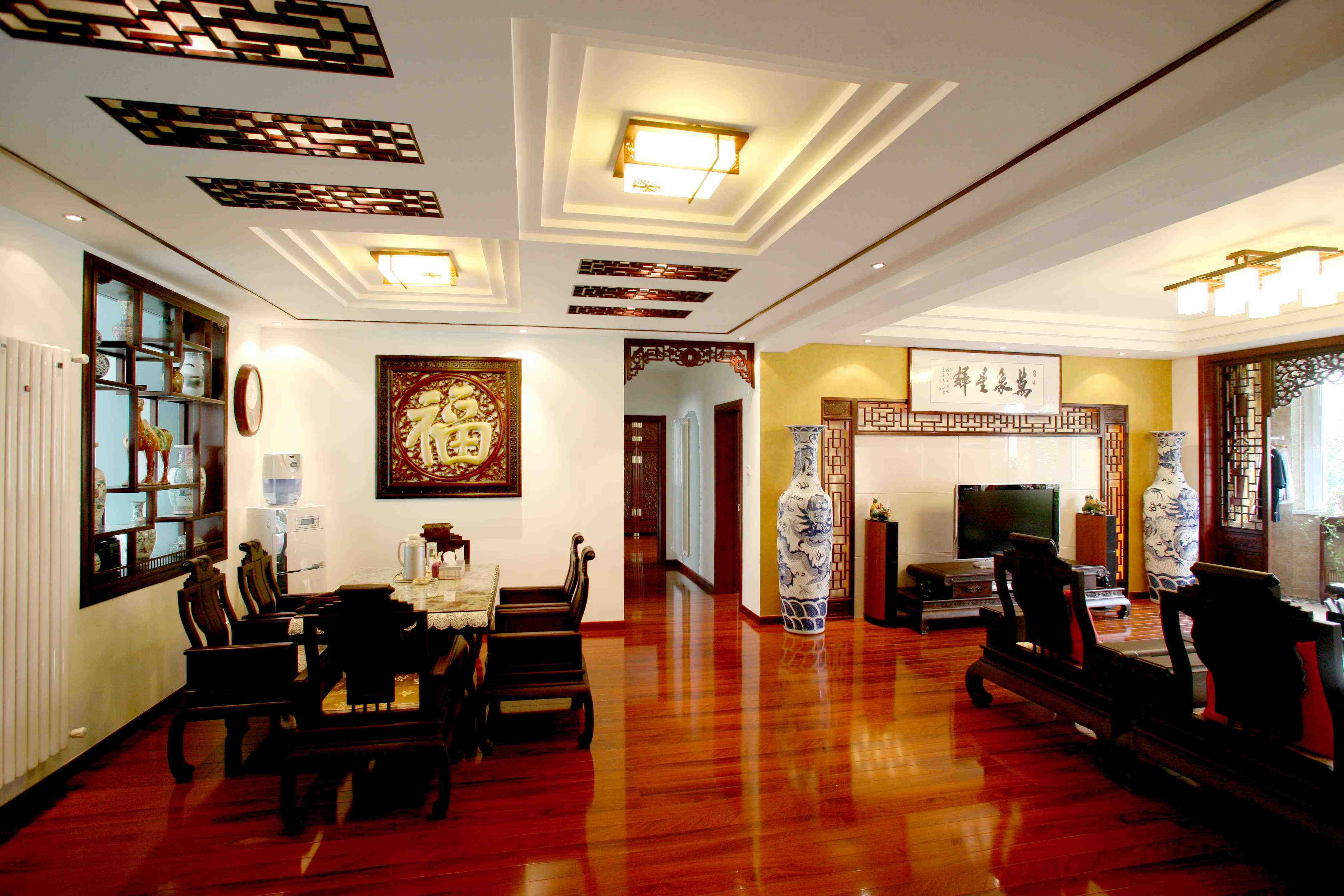 100平新中式古典别墅客餐厅装修效果图