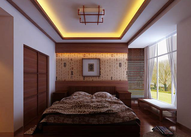 50平米别致典雅的中式卧室背景墙装修效果图