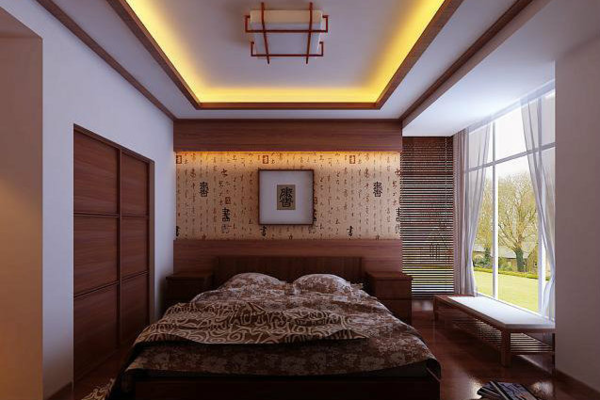 50平米別致典雅的中式臥室背景墻裝修效果圖