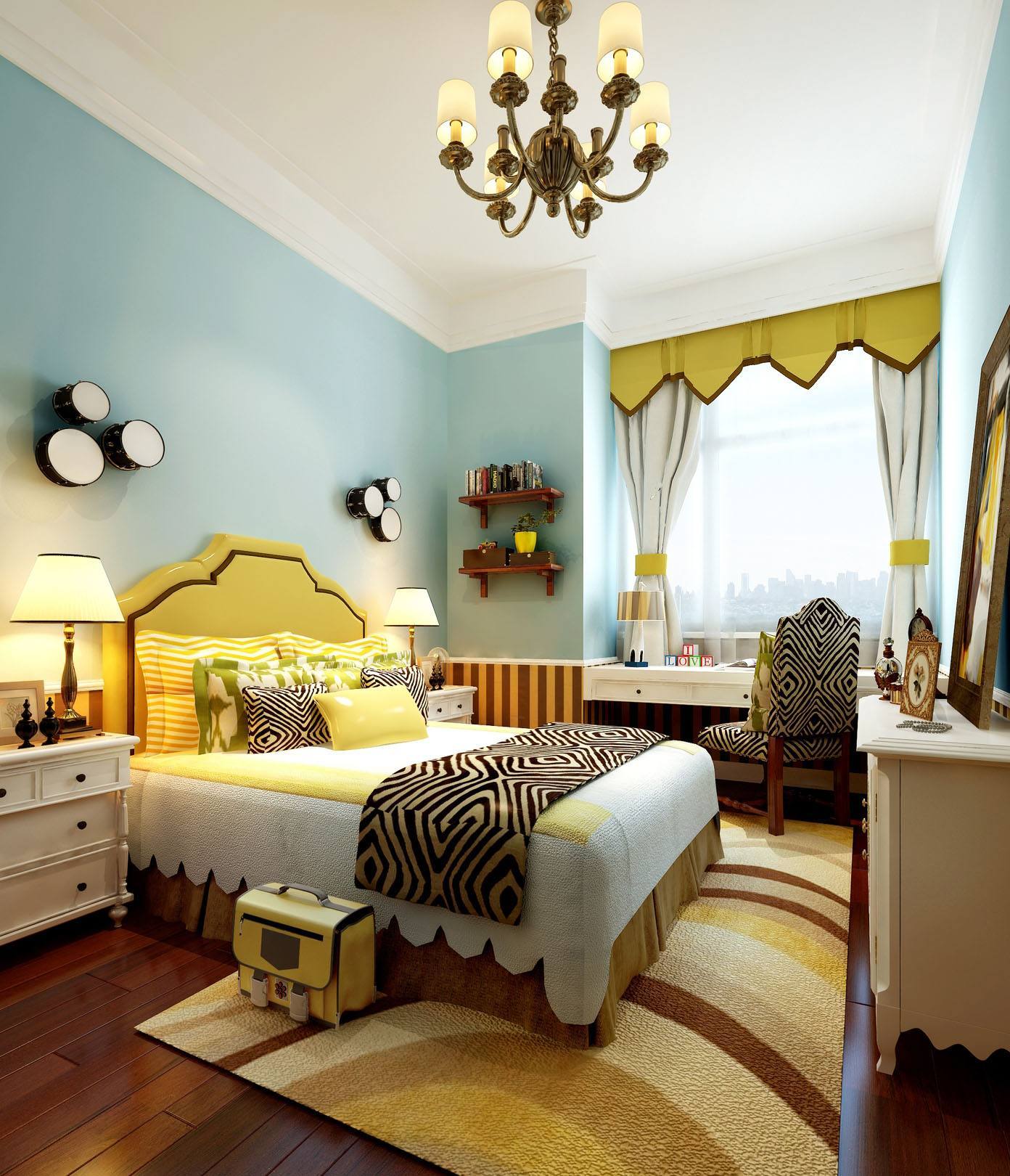 12平米淡蓝色房间现代港式风格装修效果图