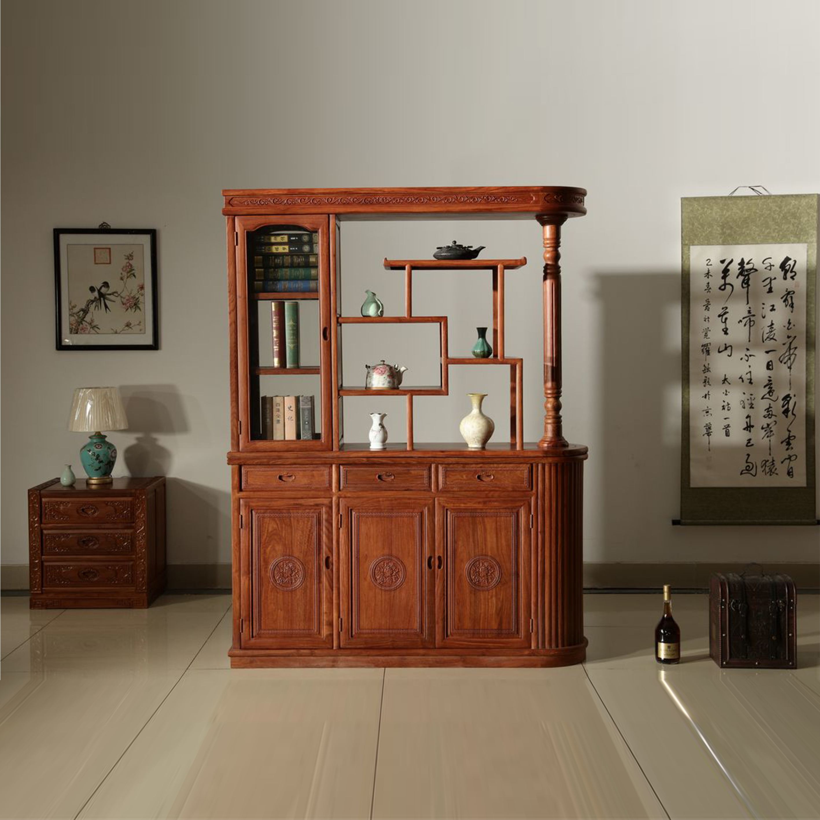 145平中式古典风格大户型木雕玄关柜效果图