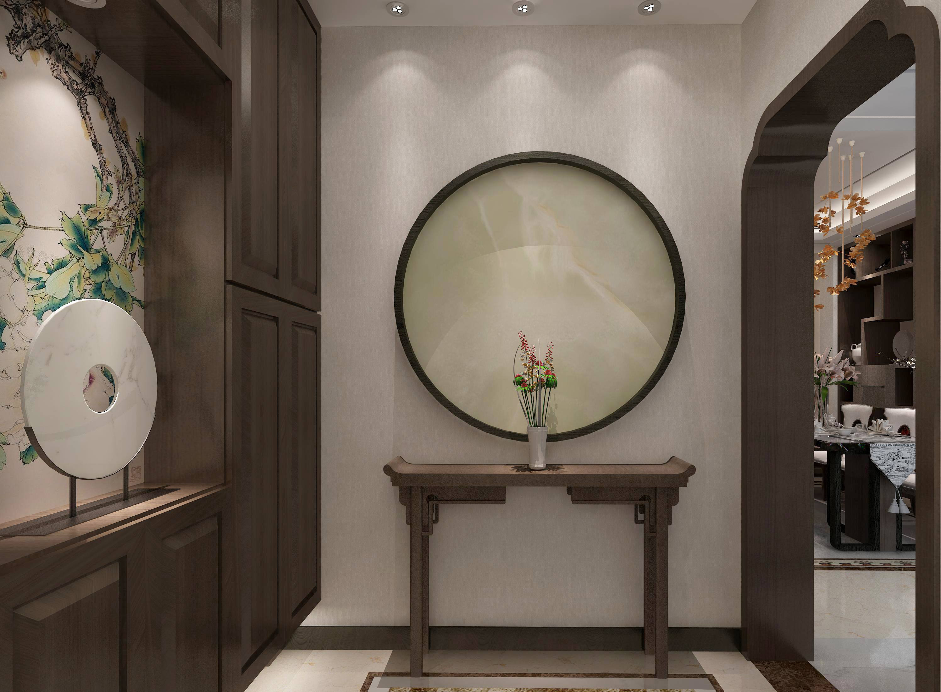 200平大户型新中式风格圆形玄关柜设计效果图