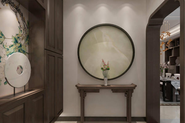 200平大户型新中式风格圆形玄关柜设计效果图