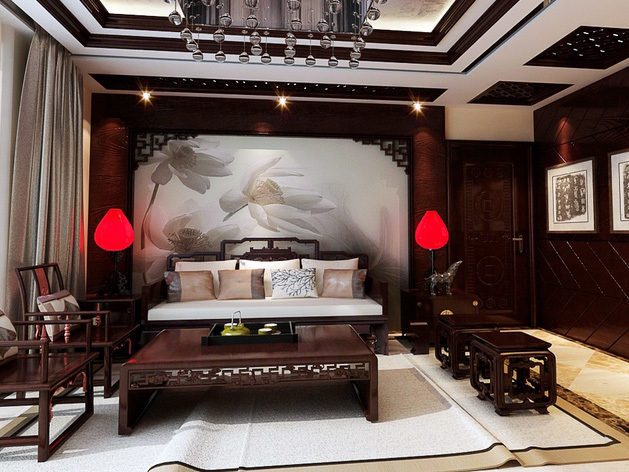 120平米中式风格复古客厅沙发背景墙设计