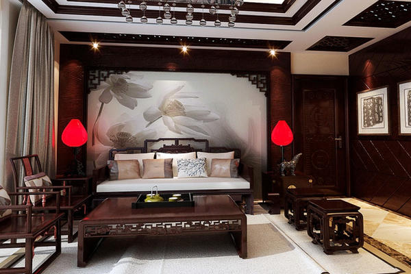120平米中式风格复古客厅沙发背景墙设计