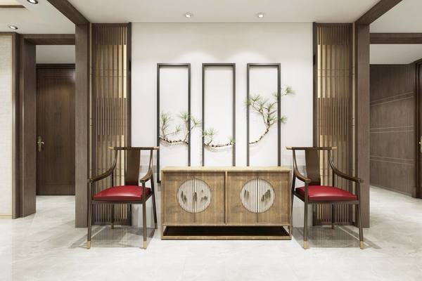200平新中式风格大户型木雕玄关柜效果图