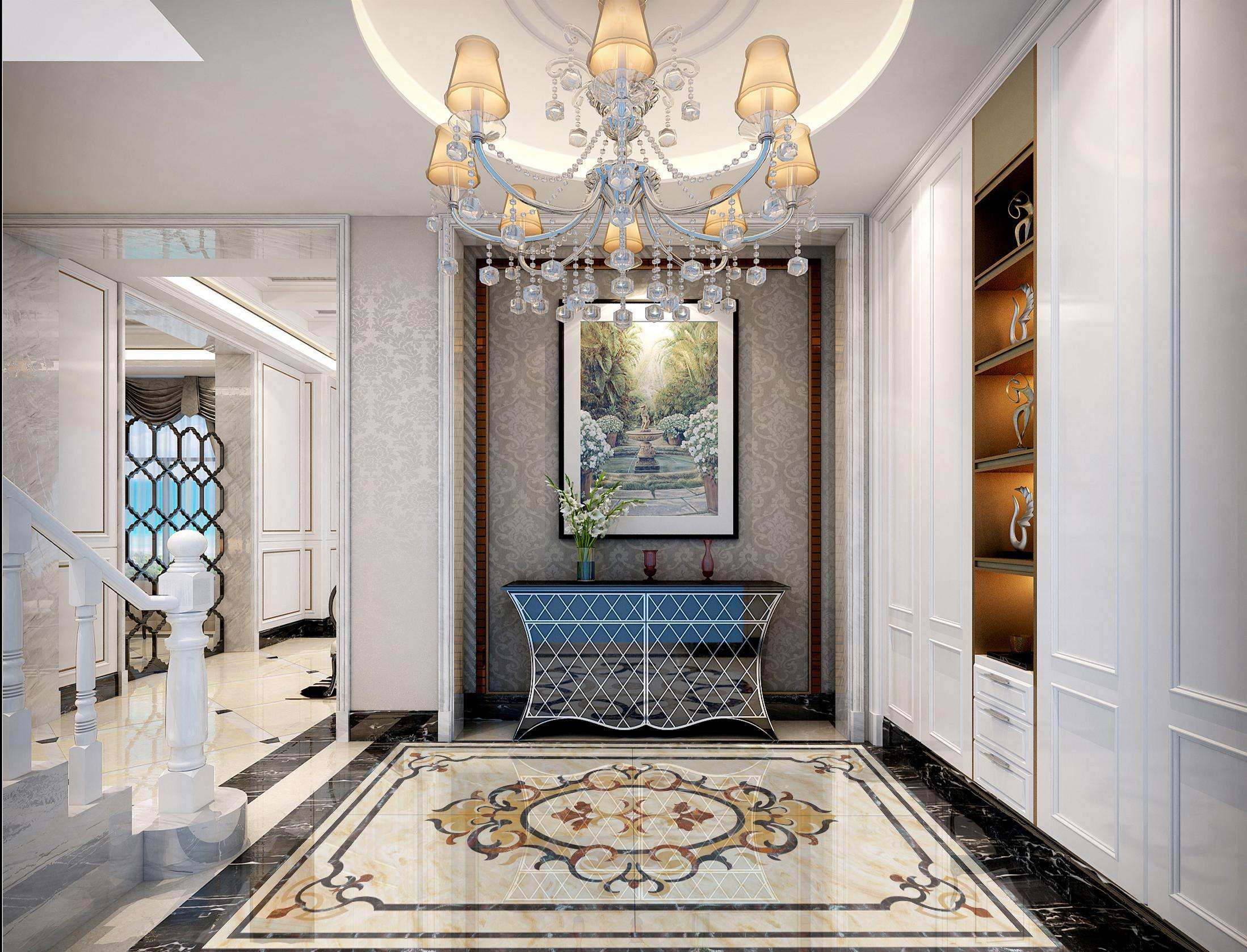 450平别墅欧式轻奢风格弧形玄关柜设计效果图