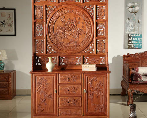 130平中式古典风格大户型木雕玄关柜效果图