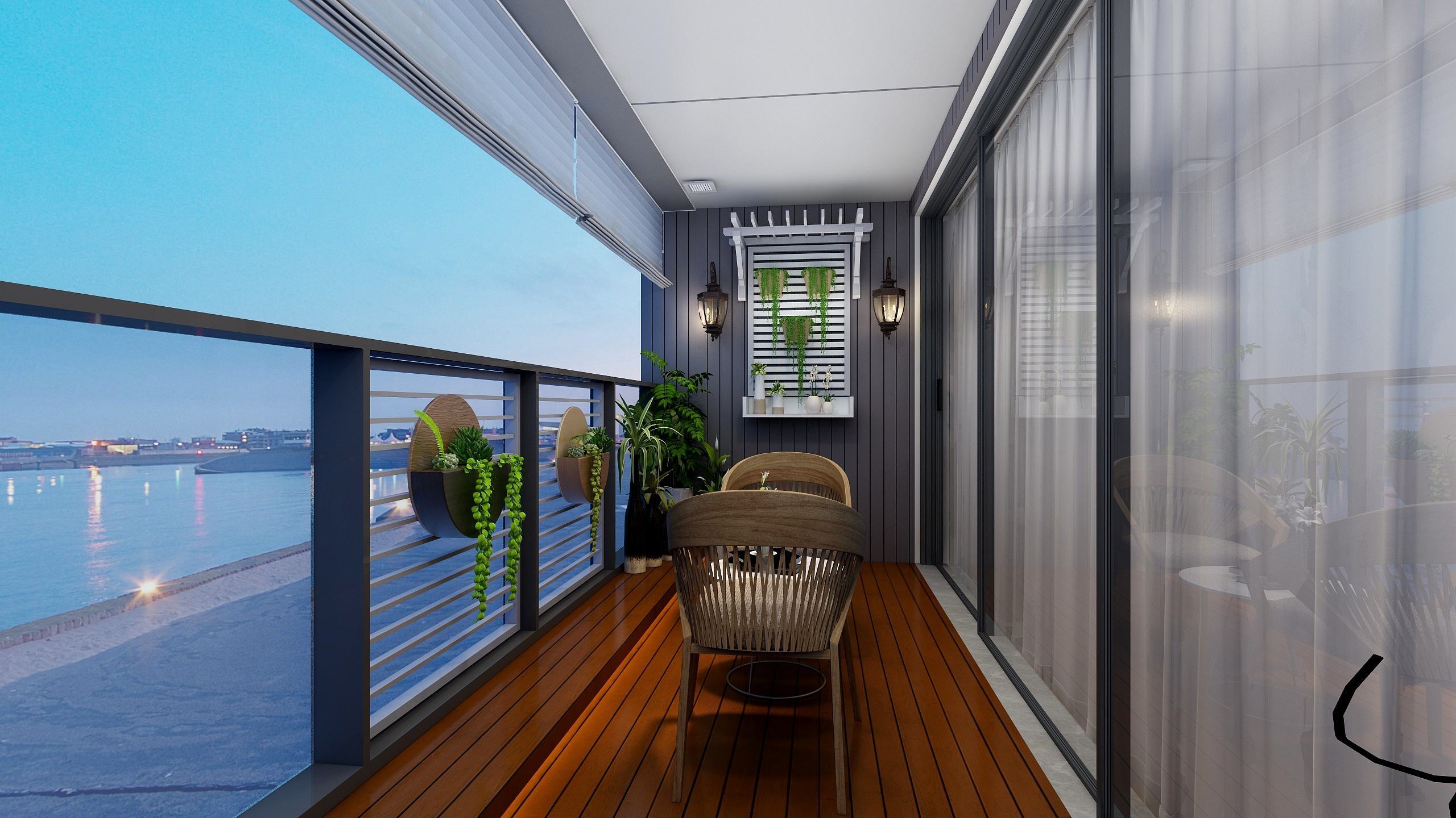 130平三居室现代时尚风格休闲阳台吊顶装修效果图