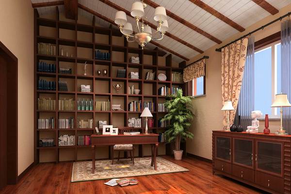 500平别墅美式复古风格书房摆放设计效果图