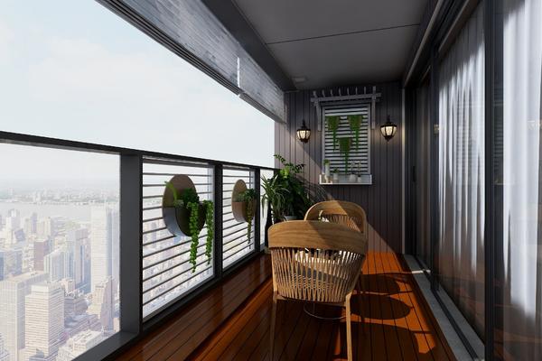 100平三居室现代中式阳台吊顶装修效果图