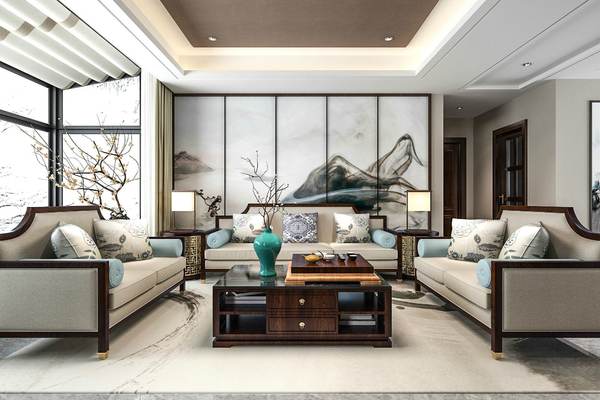 150平米中式简约风格镂空别墅客厅装修效果图