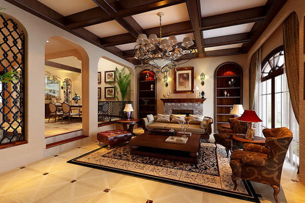 古典美式风格别墅型室内客厅吊顶装修效果图