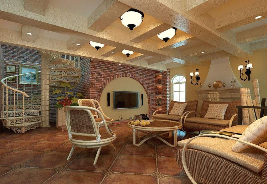 105平美式风格客厅仿古瓷砖设计效果图