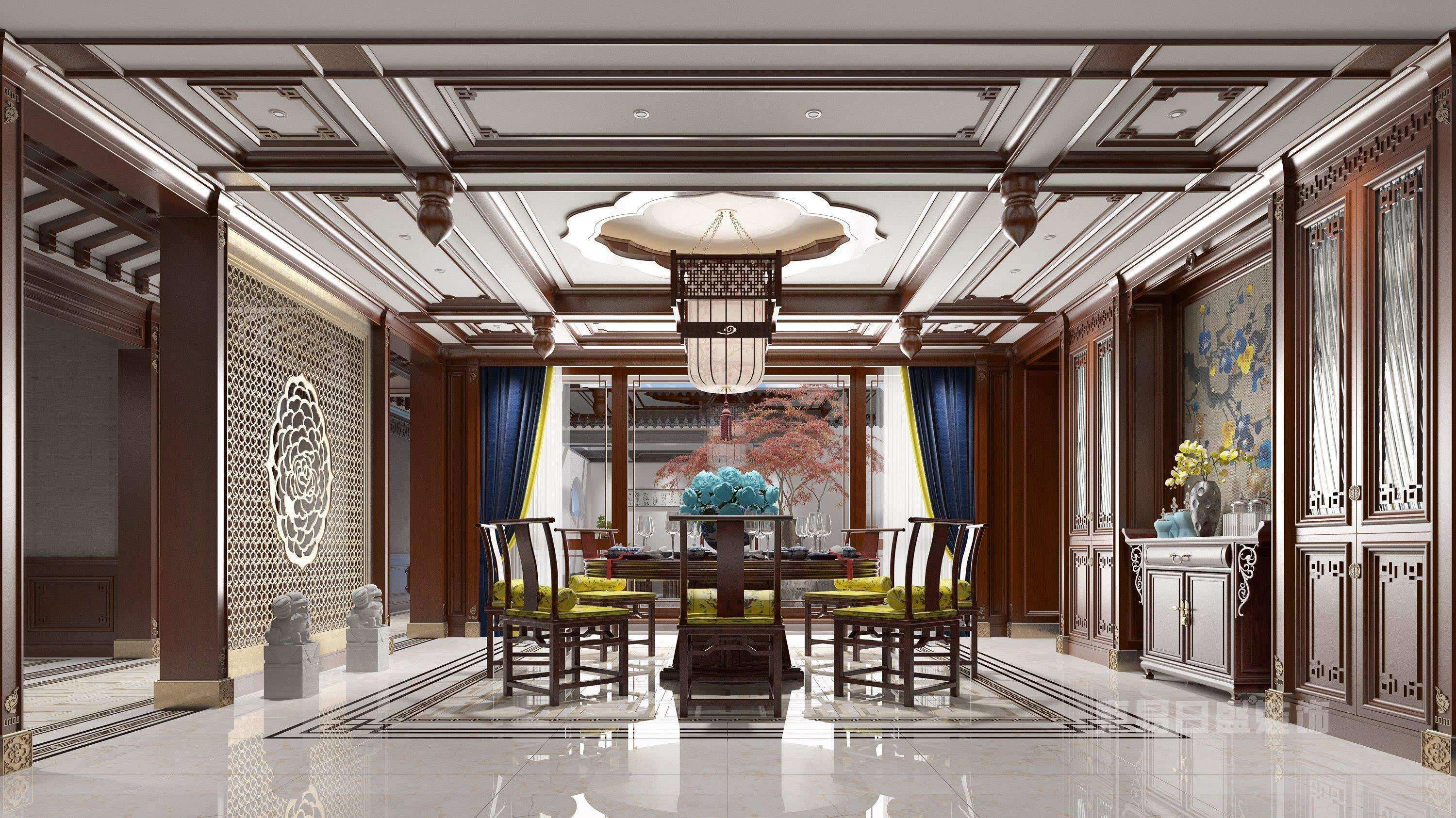 60平新中式古典别墅客厅装修效果图