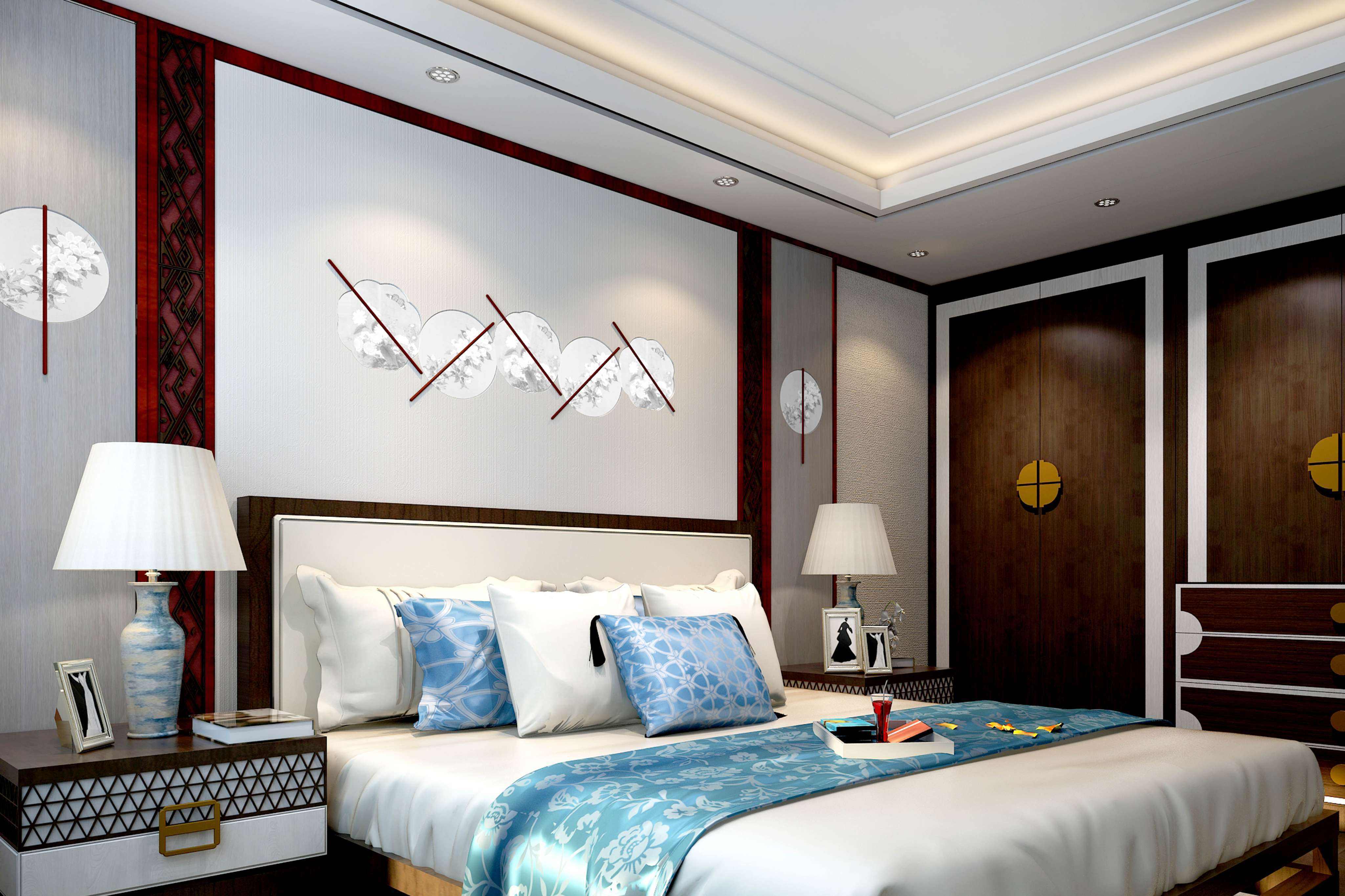 130平米三室两厅中式风格床头壁纸装修效果图