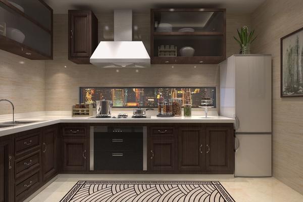55平L型新中式别墅厨房装修效果图