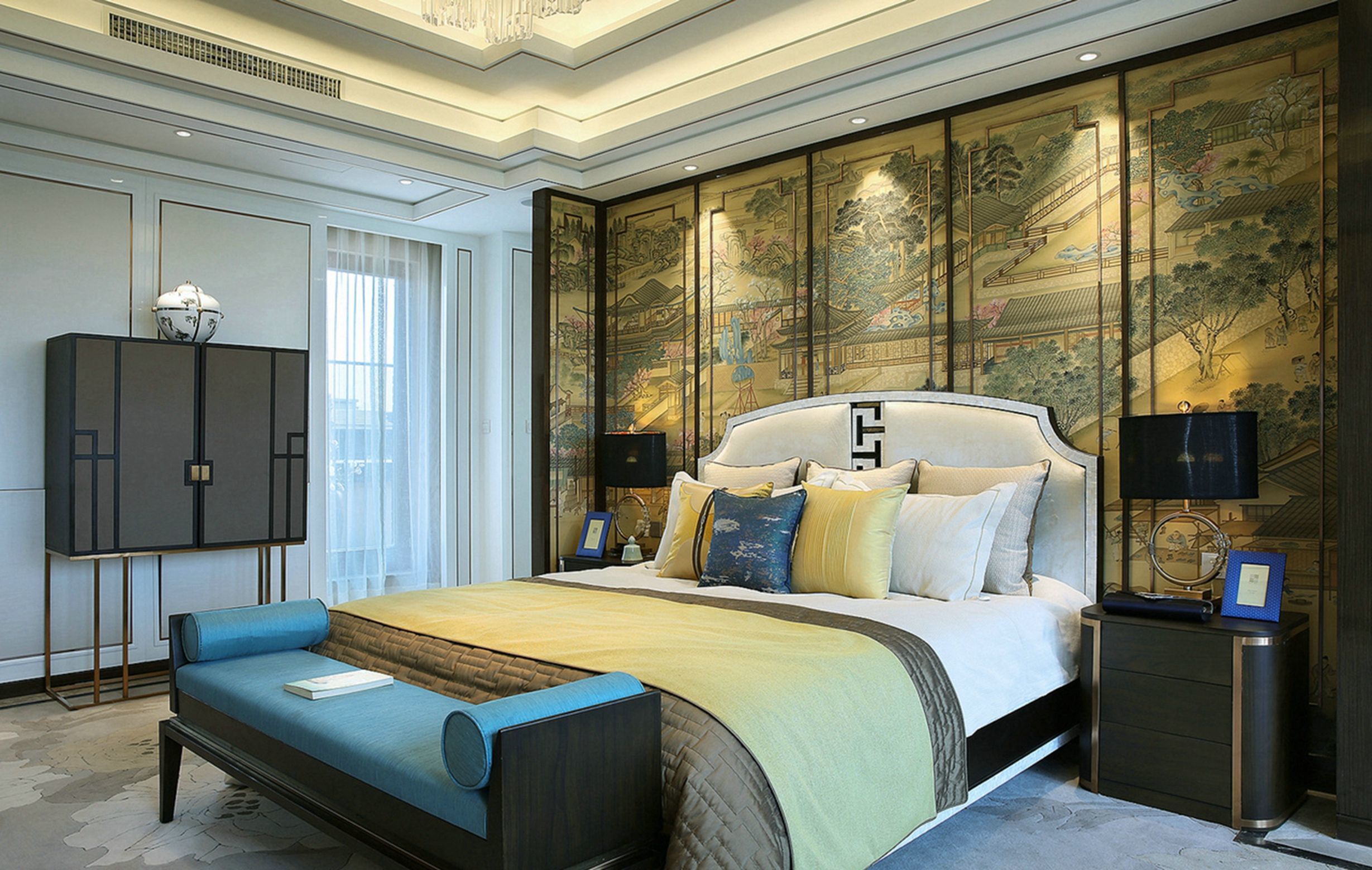 450平新中式别墅样板间卧室装修效果图