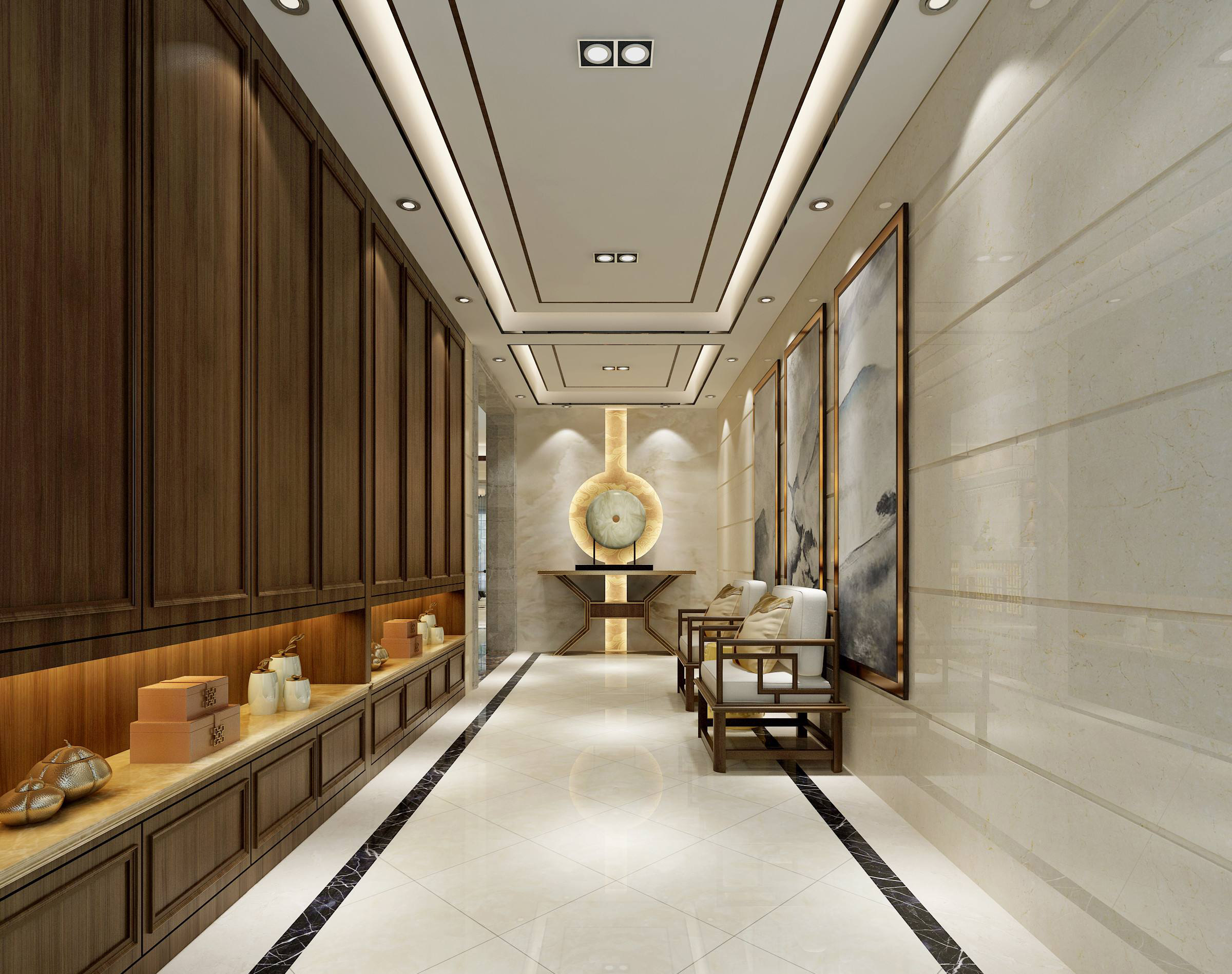 150平大户型中式轻奢风格圆形玄关柜设计效果图