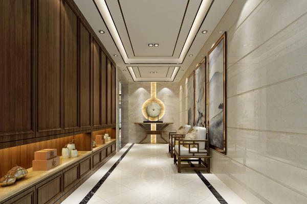 150平大户型中式轻奢风格圆形玄关柜设计效果图