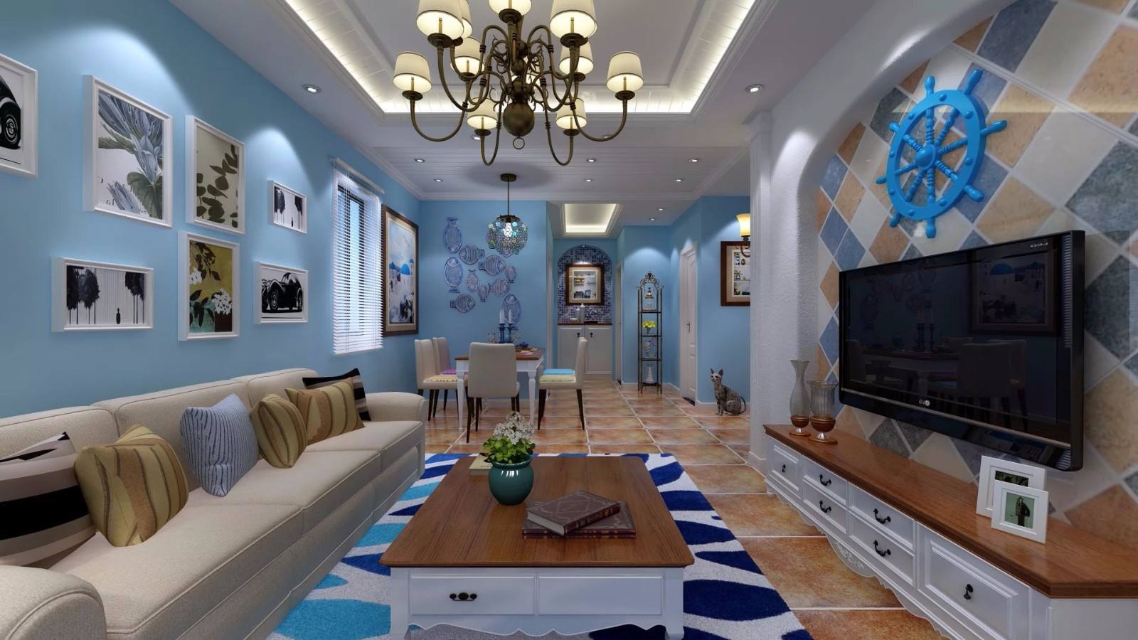 60平米公寓小客厅电视墙地中海风格装修效果图