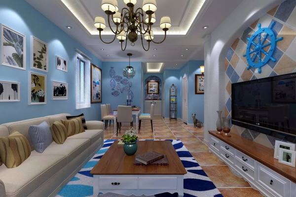 60平米公寓小客厅电视墙地中海风格装修效果图
